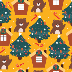 seamless pattern cartoon bear with Christmas tree and Christmas element. Cute Christmas wallpaper for card, gift wrap paper