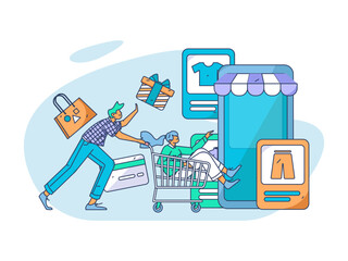 Festive Shopping E-Commerce Online Shopping People Flat Vector Concept Operation Hand Drawn Illustration
