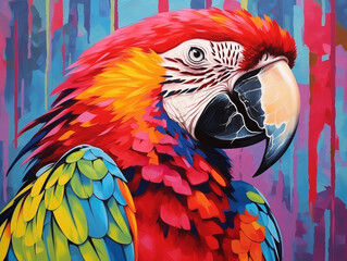 A Pop Art Acrylic Style Painting of a Macaw with Vibrant Colors