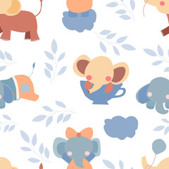Cute Colorful Elephant Cartoon Seamless Pattern