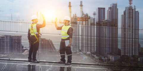 Double exposures picture of engineer installing solar panel on roof with building construction and city. 