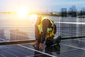 Double exposures picture of engineer installing solar panel on roof with building construction and...