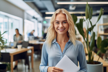 Blonde sales agent in a cowork or office 