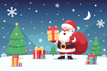 Christmas Santa Claus holding yellow gift box and red sack on night sky background with moon, stars, snowflakes, green trees, presents lying around on the snow ground. Vector cartoon illustration.