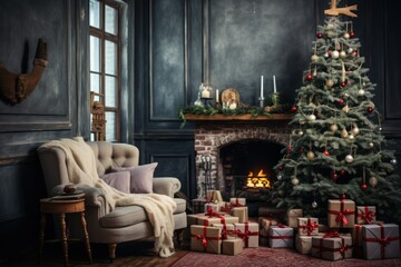 Cozy Living Room with Christmas Tree and Wrapped Presents