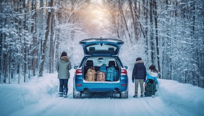 family road trip behind a car , winter snow hill - obrazy, fototapety, plakaty