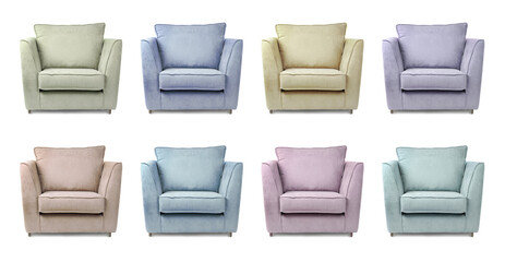 Different colorful armchairs isolated on white, set