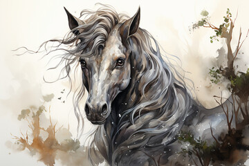 black and white unicorn, cartoon watercolor clip art, white background ai generative