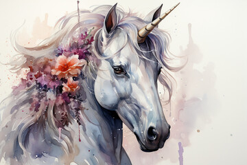 black and white unicorn, cartoon watercolor clip art, white background ai generative