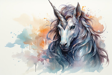 black and white unicorn, cartoon watercolor clip art, white background ai generative - obrazy, fototapety, plakaty