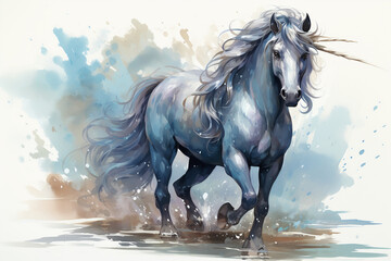 Obraz na płótnie Canvas black and white unicorn, cartoon watercolor clip art, white background ai generative
