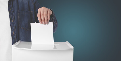 Woman putting her vote into ballot box on gradient color background, closeup. Banner design with space for text