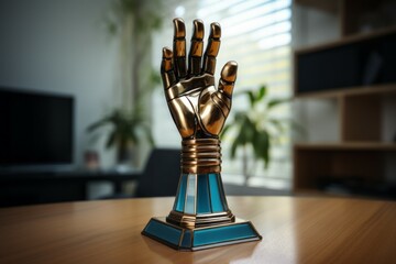 Prize with palm. Cup award. Background with selective focus and copy space - obrazy, fototapety, plakaty