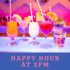  Composition of happy hour at 2pm text over colourful cocktails on countertop in bar © vectorfusionart