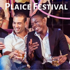 Composition of plaice festival over diverse male friends holding drinks and cigars