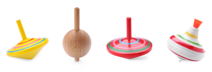 Different spinning tops isolated on white. Toy whirligig