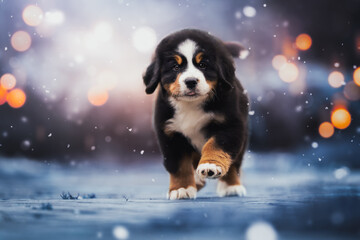 Bernese Mountain Dog puppy in snow - obrazy, fototapety, plakaty