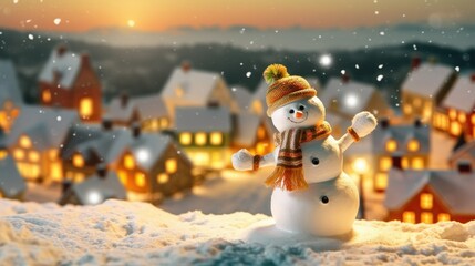 a snowman jumping over a small snow mound, with a quaint village and twinkling lights in the distance, in a magical holiday village