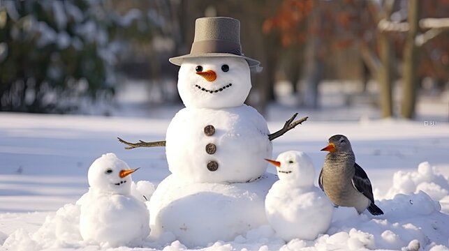  a snowman and a flock of birds, with the snowman holding a bird feeder and birds perched on its arms, in a serene winter backyard setting