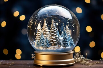 Fototapeta na wymiar Golden Glitter Christmas Tree in Blue Snowy Globe