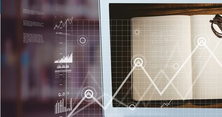 Animation of statistical data processing against open book on screen of a digital tablet - Powered by Adobe