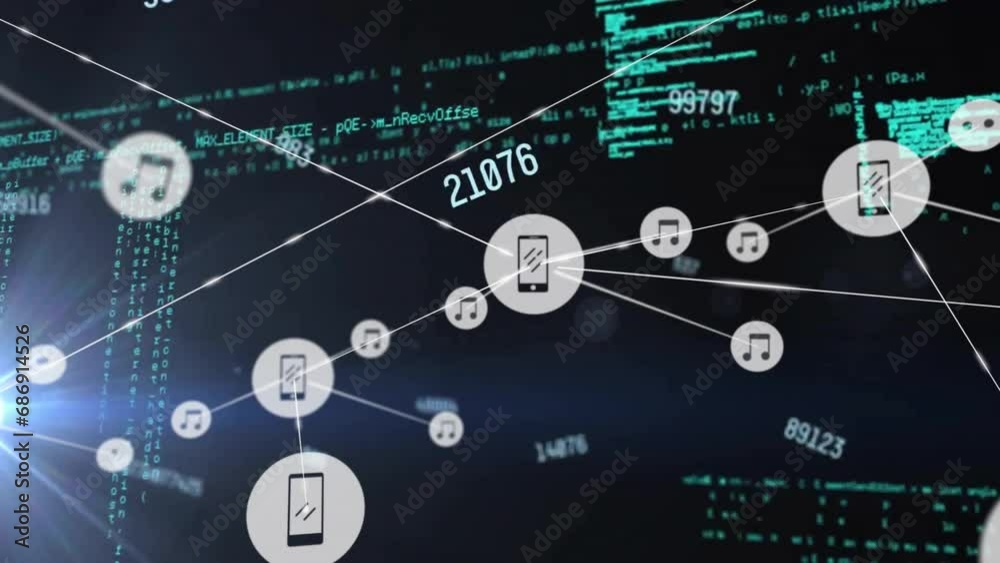 Poster animation of network of connections with icons and data processing over dark background
