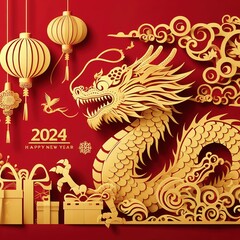 2024 Chinese new year, year of the Dragon banner template design with dragon and giftbox background.3d rendering illustration ai generated