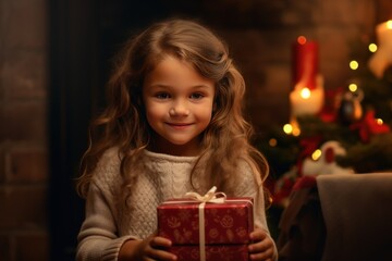 Fototapeta na wymiar Little Girl with Christmas Gift in Cozy Home