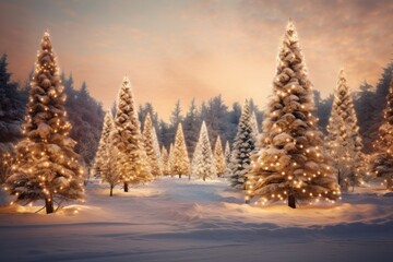 Magical Snowy Christmas Trees with Golden Lights at Dusk