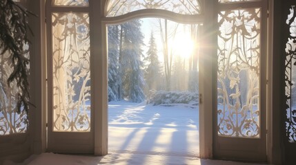 an ornate window with intricate frost patterns, overlooking a serene snow-covered garden, in a peaceful winter
