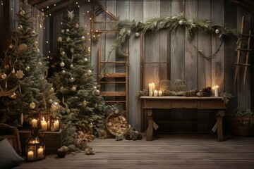 Rustic Christmas Scene with Fir and Fairy Lights