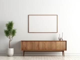 Wooden sideboard with a mirror hanging from it frame mockup.