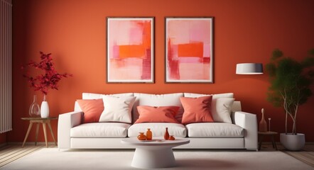 Orange living room with a white couch, in the style of dark red and light pink.