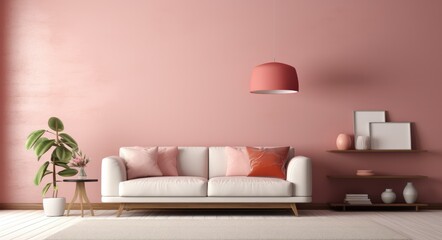 Living room with pink walls, in the style of light white and dark orange, minimalist backgrounds.