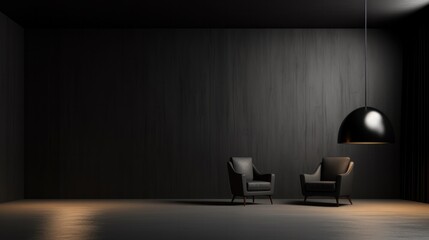 Black wall and black furniture in front of light fixture.
