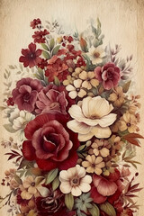 Realistic bouquet flower border, burgendy and beige HD paper in the style of textured mixed media, shabby junk journal paper, texture-based, spectacular backdrops, ai generative