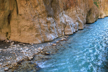 Saklikent Canyon in Turkey with mountain cold stormy water in the river. Natural attraction, popular place for tourists