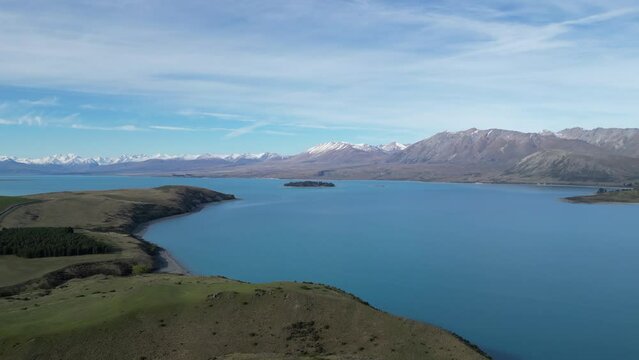 Aerial shot from the top of Lake Taupo on a sunny day