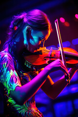 Fototapeta premium Girl in a neon psychedelic dress playing the fiddle or violin.