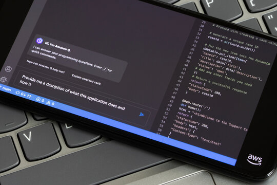 Portland, OR, USA - Dec 1, 2023: An introduction video of Amazon Q showing how it can be used for building on AWS is seen on a smartphone. Amazon Q is an AI-powered chatbot for businesses.