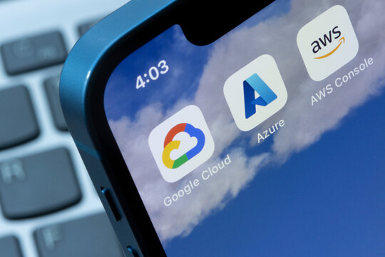 Portland, OR, USA - Nov 17, 2023: App icons of three major cloud computing service platforms are seen on an iPhone, including Google Cloud, Microsoft Azure, and AWS (Amazon Web Services).
