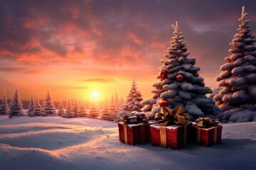 Wintry Sunrise with Christmas Trees and Red Boxed Gifts