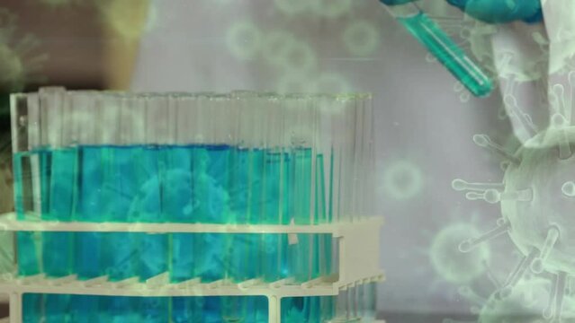 Animation of virus cells over caucasian female scientist working in lab