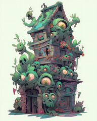 Old stone tower entwined with vines with green eyes.