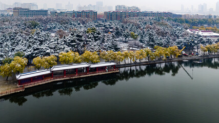Landscape of pavilion in Nanhu Park, Changchun, China after snow