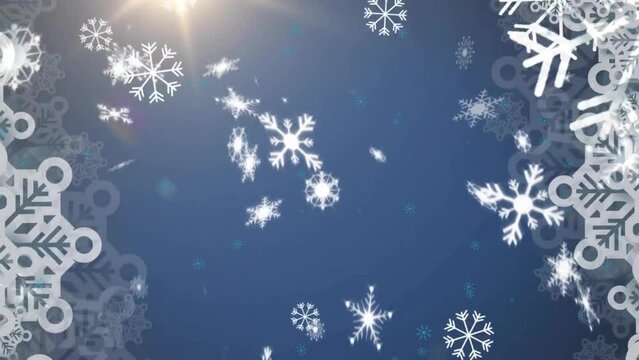 Animation of snow falling over light trails on blue background at christmas