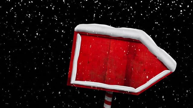 Animation of snow falling over sign with copy space on black background at christmas