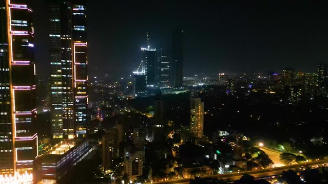 Chhatrapati Shivaji Maharaj Terminus and Brihanmumbai Municipal Corporation Head office Mumbai city evening and night aerial view 