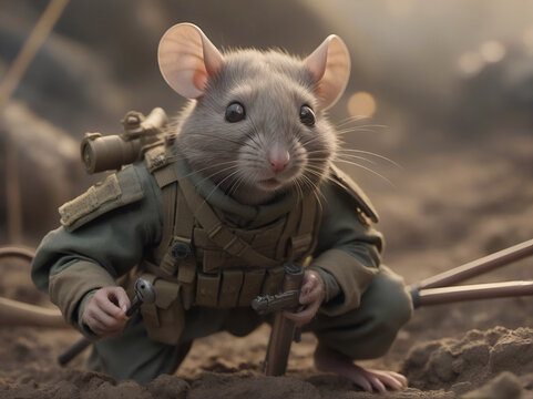 Raton vestido como soldado militar en una guerra 