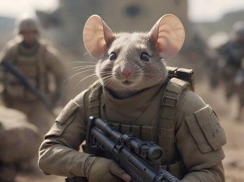 Raton vestido como soldado militar en una guerra 